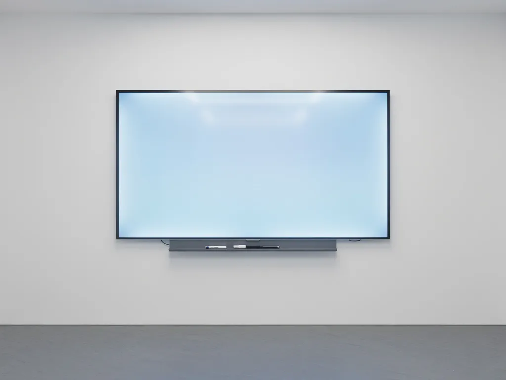 Groot interactief touchscreen van 90 inch aan witte muur in moderne vergaderruimte, zachtblauw verlicht met marker op de lade.