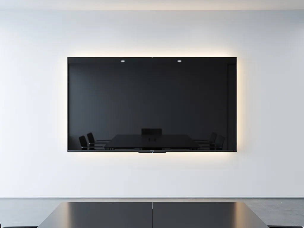 Groot 90-inch interactief touchscreen aan witte muur in moderne vergaderruimte, met zacht amberkleurig licht op het glanzende oppervlak.
