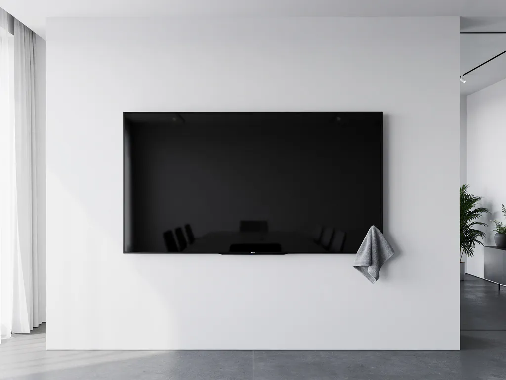 90-inch interactief touchscreen op witte muur in moderne vergaderruimte, met een microvezeldoek tegen het scherm.