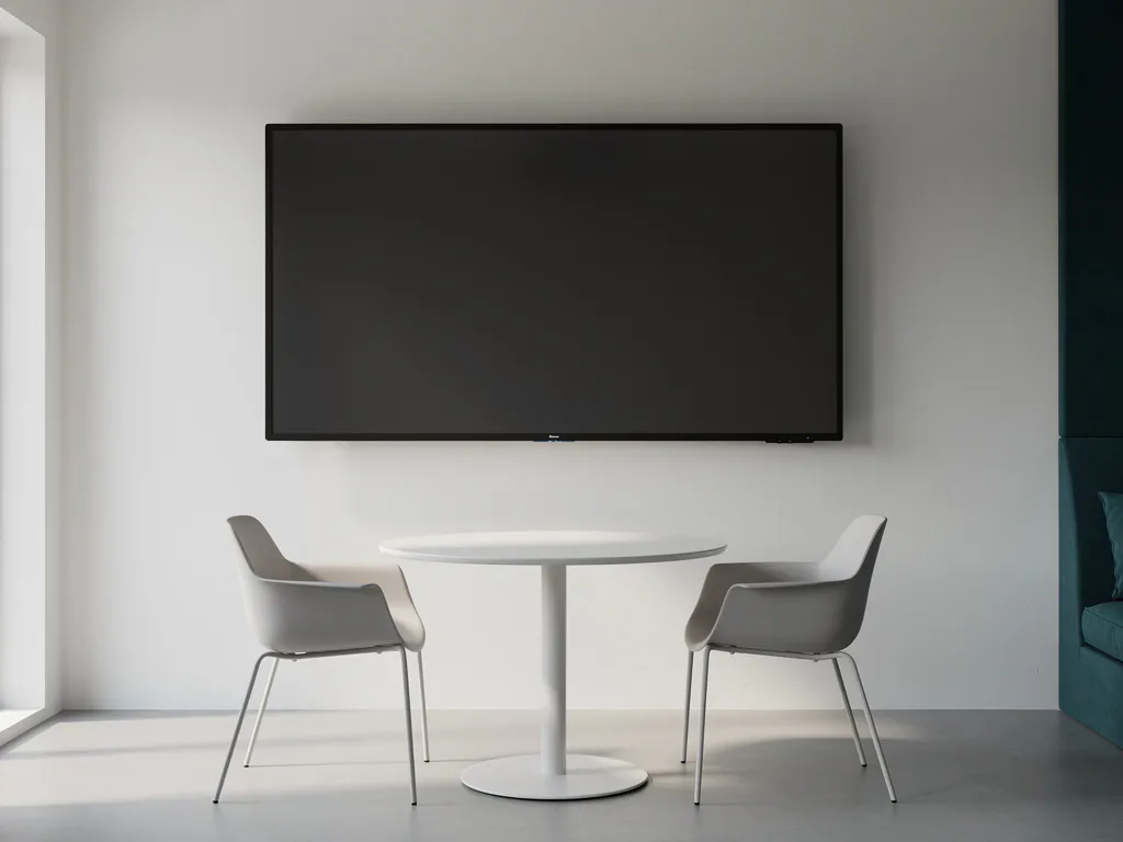 Groot 90-inch interactief touchscreen aan witte muur in moderne vergaderruimte met ronde tafel en twee minimalistische stoelen.