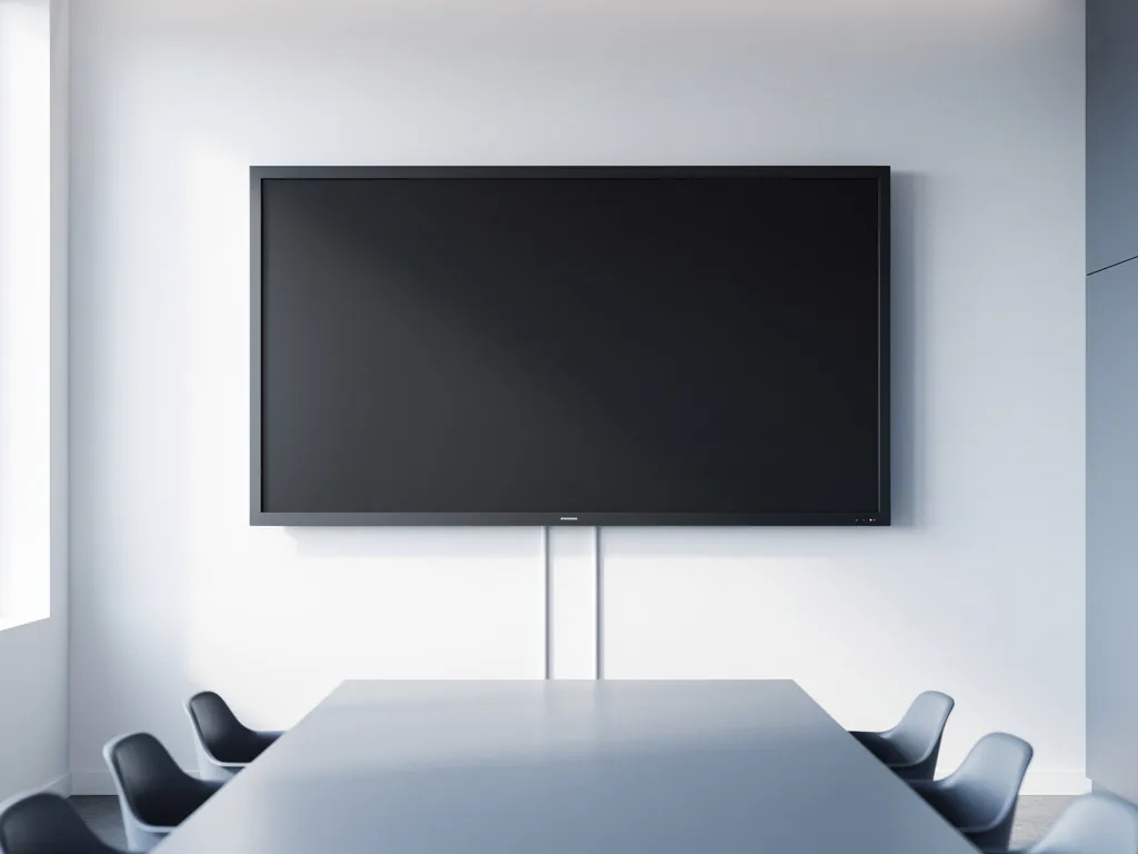 Groot 90-inch interactief touchscreen op witte muur in moderne vergaderruimte, mat antraciet frame, zachte daglichtinval.