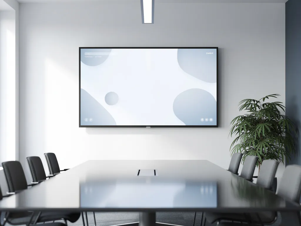 90-inch interactief touchscreen aan witte muur in moderne vergaderruimte met strakke conferentietafel en salie groene plant.