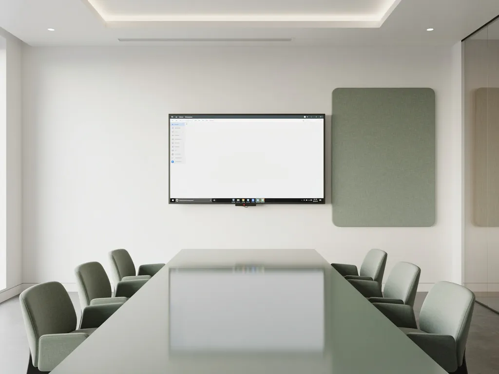 90-inch interactief touchscreen op witte muur in minimalistisch vergaderruimte met saliegroen, conferentietafel en zachte sfeerverlichting.