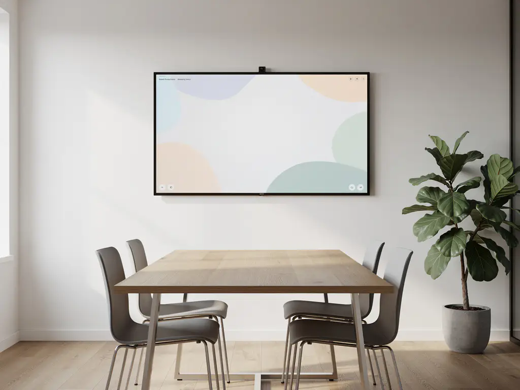 Gerefurbisht interactief touchscreen aan witte muur in minimalistisch vergaderruimte, met houten tafel, stoelen en salie groene plant.