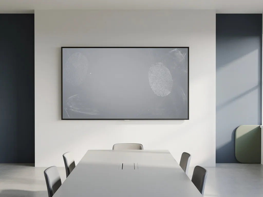 Gerefurbisht interactief touchscreen op witte muur in minimalistisch vergaderruimte, zacht zijlicht en subtiele vingerafdrukken zichtbaar.