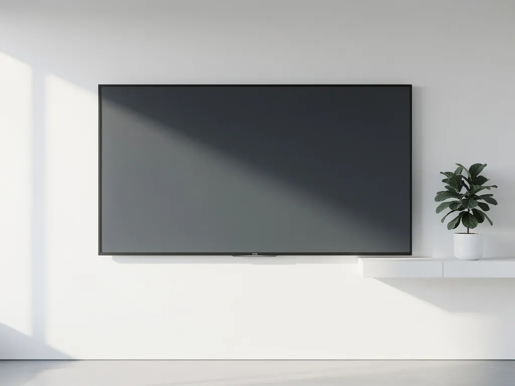 Groot interactief touchscreen van 90 inch aan witte muur in minimalistisch vergaderruimte, met klein groen plantje op wit plankje ernaast.