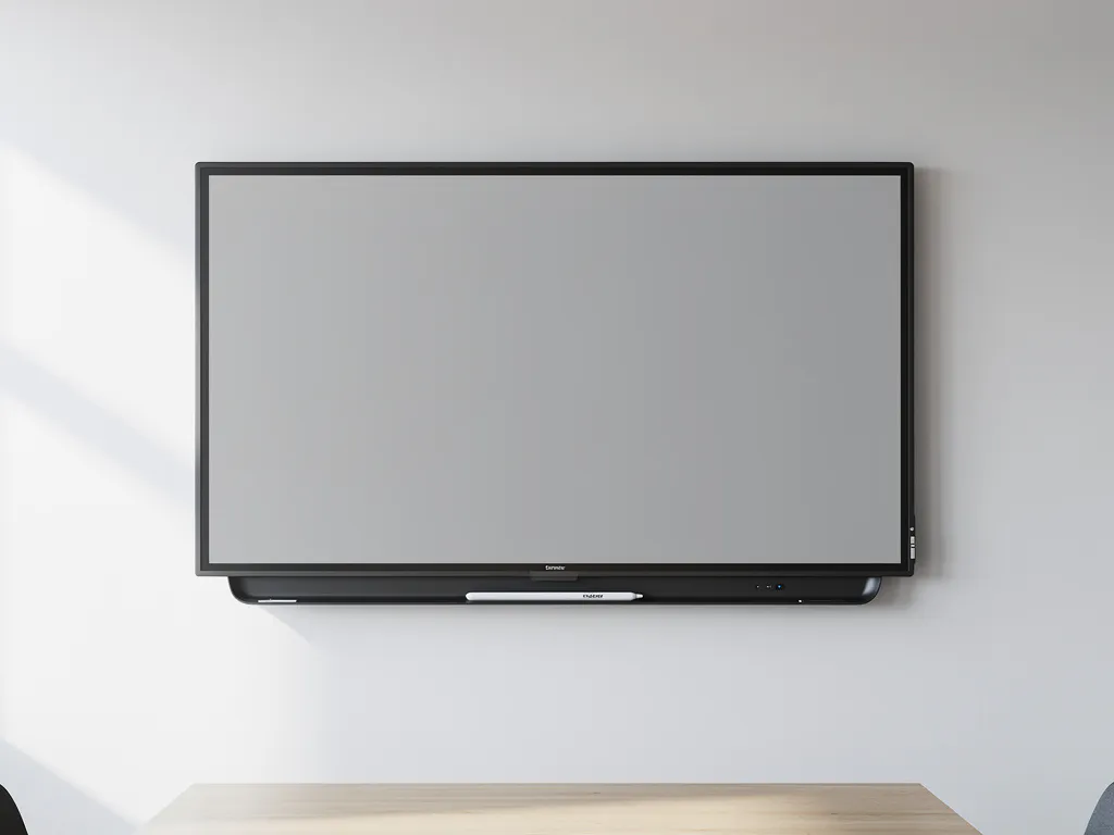 Groot interactief touchscreen van 90 inch aan witte muur in minimalistisch vergaderruimte, met marker op de houder.