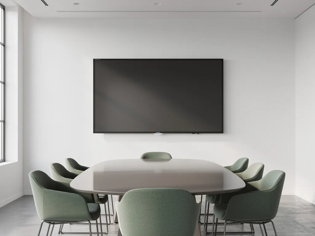 90-inch interactief touchscreen in moderne vergaderruimte met ovale tafel, lage stoelen en zacht natuurlijk licht.