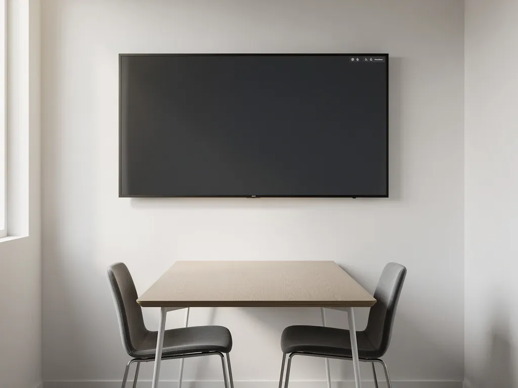 Groot interactief touchscreen van 90 inch aan witte muur in moderne vergaderruimte met houten tafel en twee stoelen.