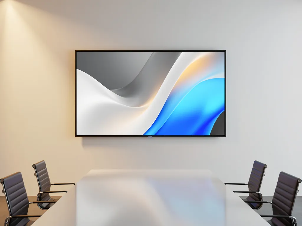 Groot 90-inch interactief touchscreen met levendig blauw videobeeld in minimalistisch vergaderruimte met warme sfeerverlichting.