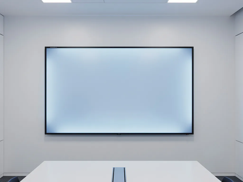 Groot 90-inch interactief touchscreen met blauw gloed aan witte muur in minimalistisch vergaderruimte met slanke conferentietafel.