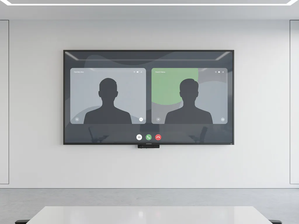 Groot interactief touchscreen van 90 inch in moderne vergaderruimte met twee videovergader-interfaces in leisteen- en groentinten.