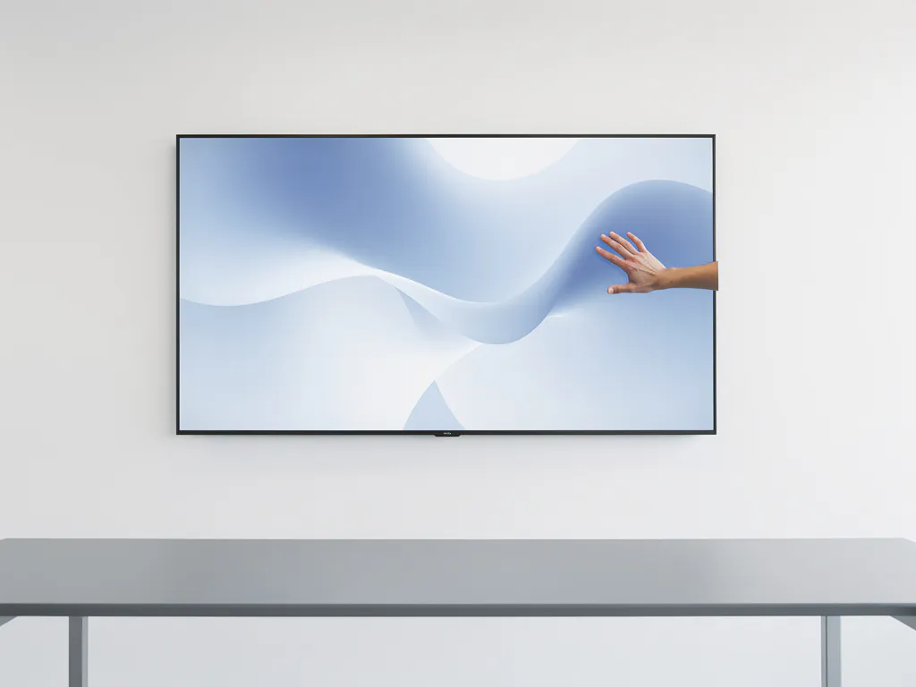 90-inch interactief touchscreen in moderne vergaderruimte, hand raakt display aan, minimalistische tafel op voorgrond.