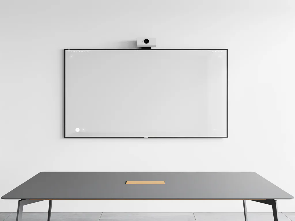 90-inch interactief touchscreen in moderne vergaderruimte met compacte camera bovenop, witte muur en minimalistische tafel op de voorgrond.