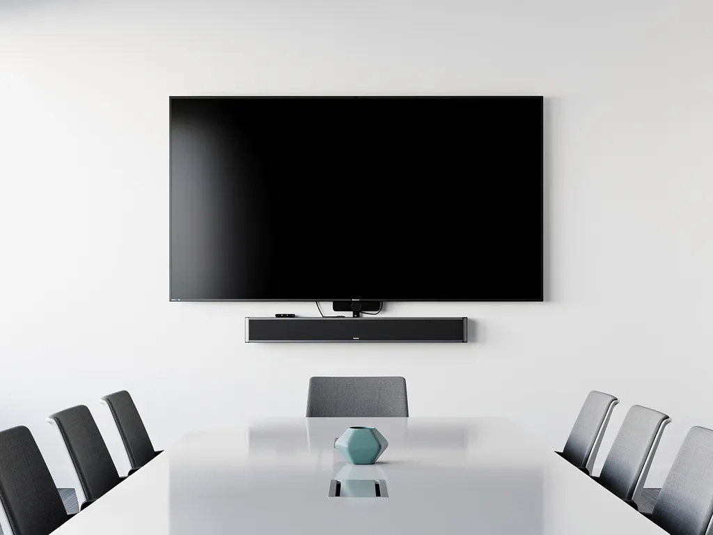90-inch interactief touchscreen op witte vergaderzaal muur, met soundbar eronder en spiegeling van een conferentietafel.