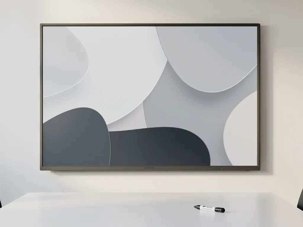 Groot interactief touchscreen op vergaderkamermuur met droogwisser op witte tafel, strak minimalistische inrichting.