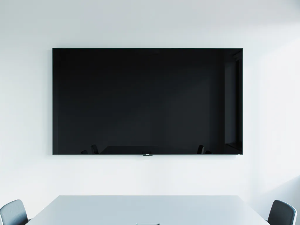 Groot 90-inch interactief touchscreen op witte muur in minimalistisch vergaderruimte met conferentietafel en zacht daglicht.