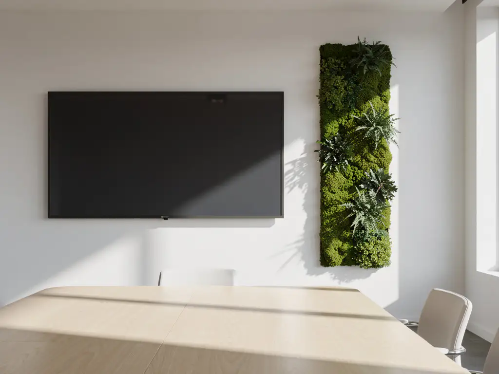 Opgeknapt interactief touchscreen aan witte muur in moderne vergaderruimte, met levend mospaneel en berken houten tafel.