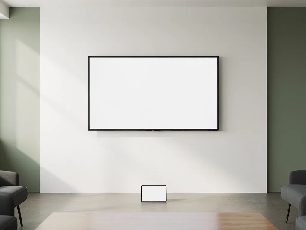 Opgeknapte interactieve touchscreen display aan witte muur in minimalistische vergaderruimte, met prijskaartje op de vloer eronder.
