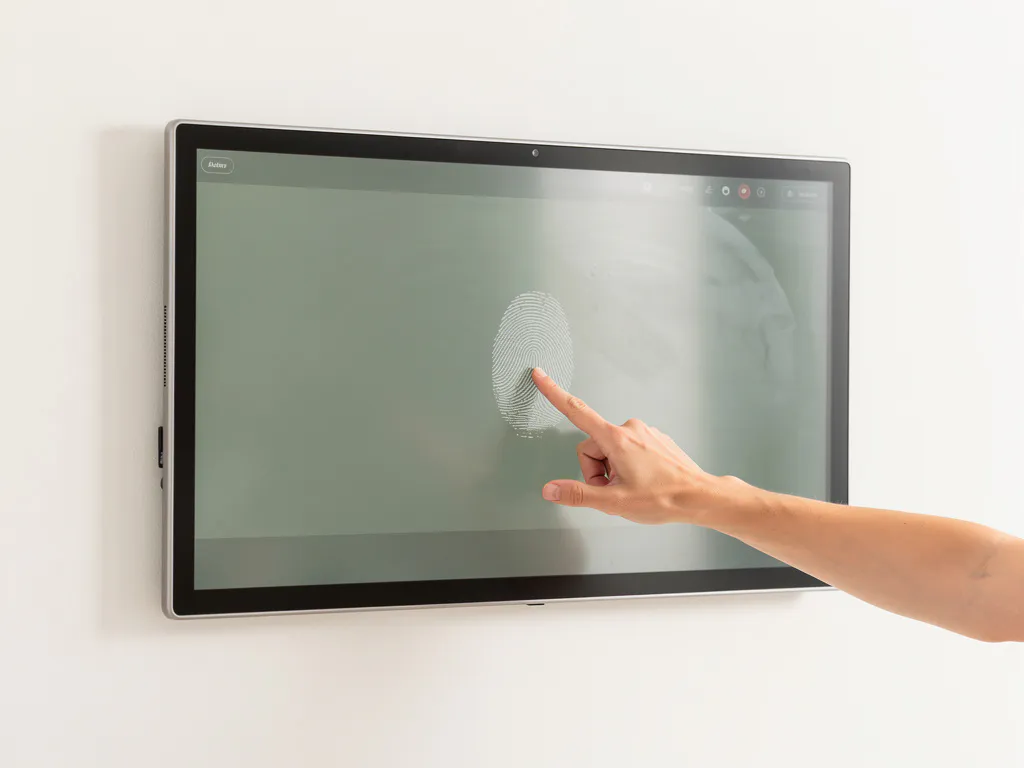 Hand die een gerefurbisht interactief touchscreenpaneel op witte muur bedient, zichtbare vingerafdrukken tijdens kwaliteitscontrole.