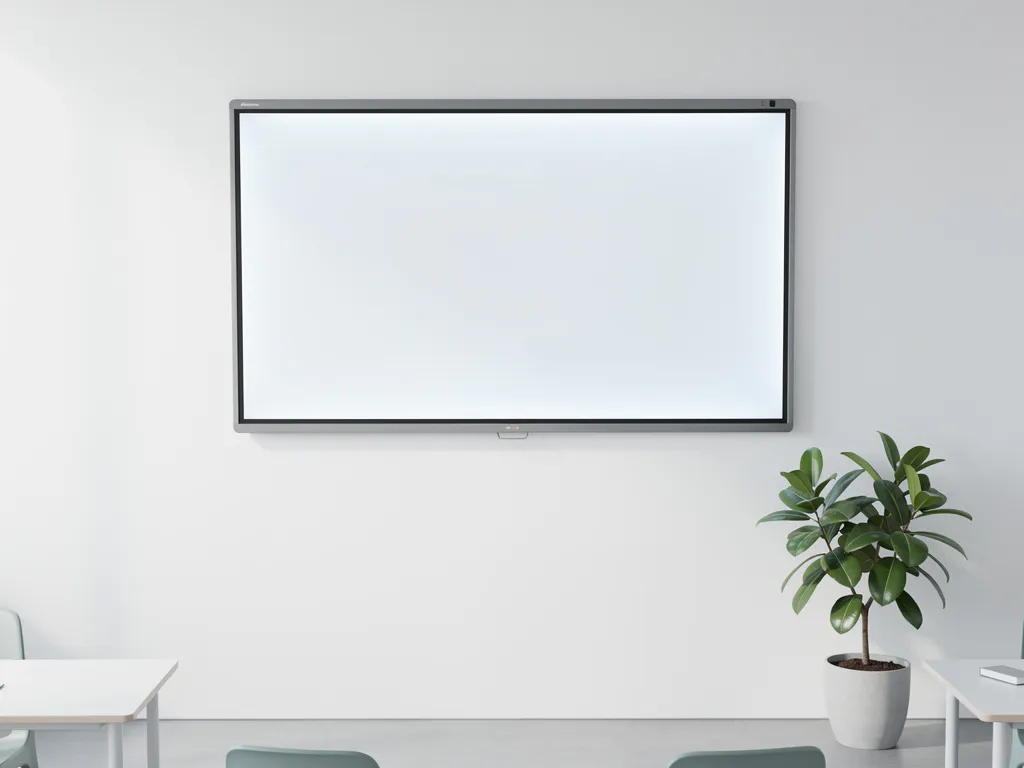 Gerefurbisht interactief touchscreen op witte muur in minimalistisch klaslokaal, met groene kamerplant ernaast en zacht natuurlijk licht.