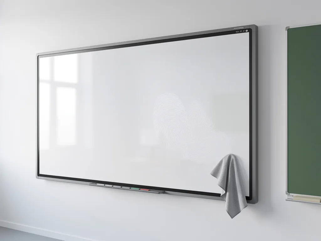 Microvezel doek veegt vingerafdrukken weg van een 90-inch interactief touchscreen op een witte klaslokaalwand.