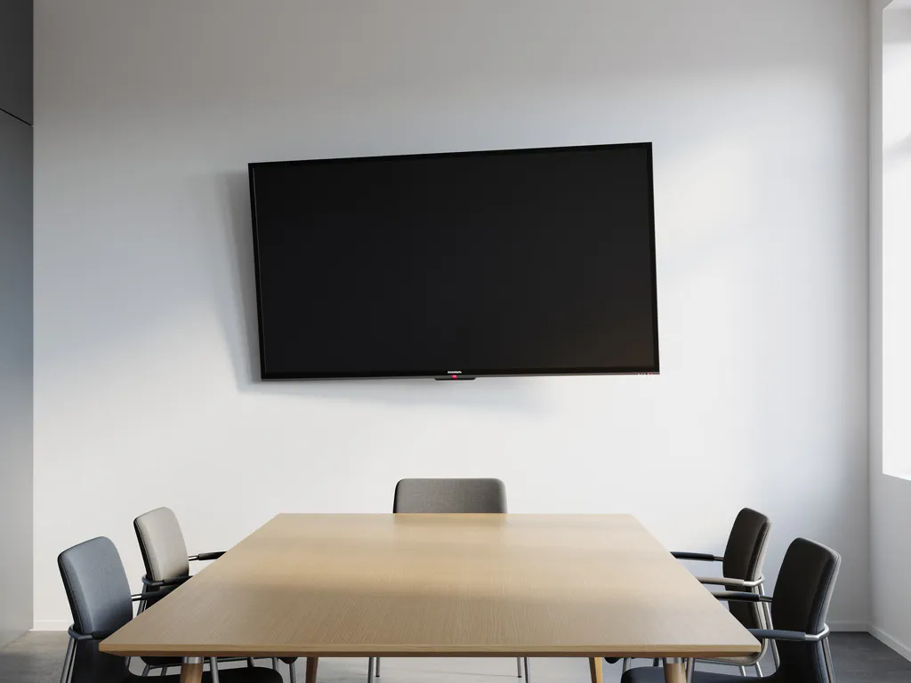 90-inch touchscreen display scheef gemonteerd op witte vergaderzaalwand, met eiken tafel eronder in natuurlijk zijlicht.