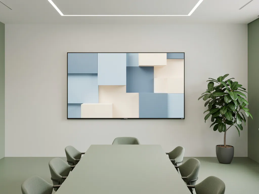 Groot 90-inch scherm aan witte muur in minimalistisch vergaderruimte met inhoudsgrid in blauw en wit, groene kamerplant in de hoek.