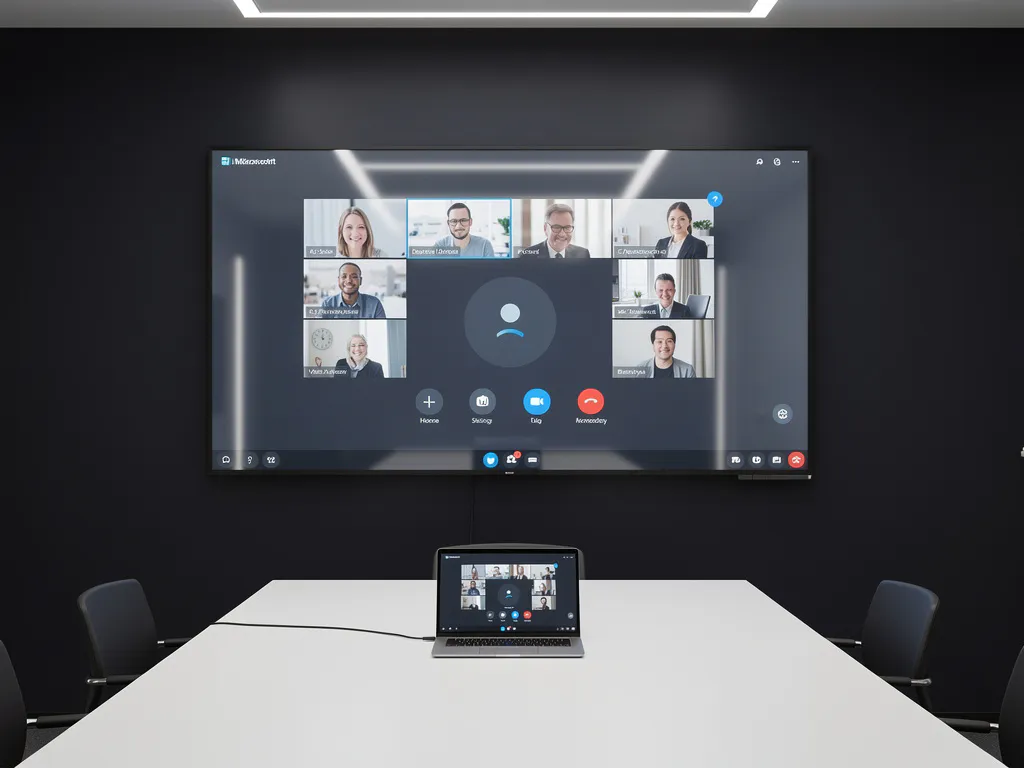 Groot 90-inch touchscreen in vergaderruimte met Microsoft Teams-interface, verbonden met laptop via één kabel op wit tafelblad.