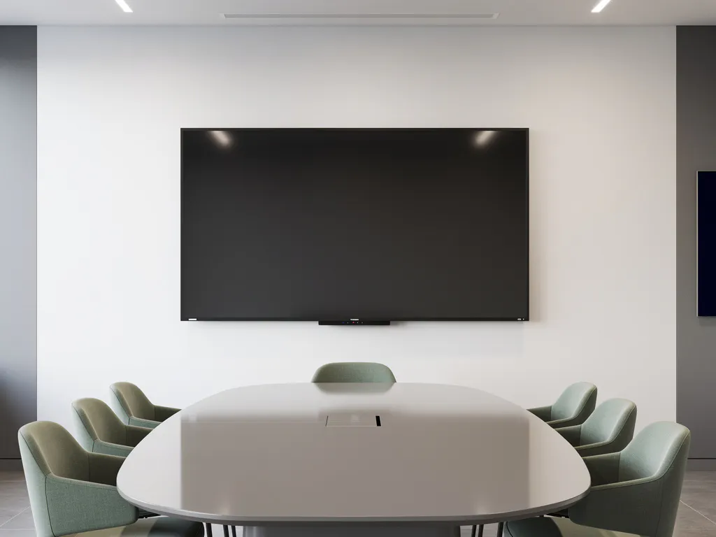 90-inch touchscreen display aan witte muur in moderne vergaderruimte met ovale tafel en saliegroen stoelen.
