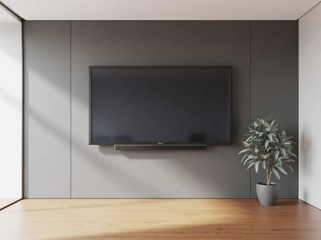 Gerenoveerd interactief touchscreen in minimalistische vergaderruimte, met potplant op houten vloer en zacht natuurlijk daglicht.