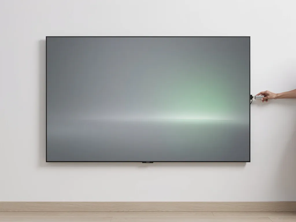 Technicus sluit USB-stick aan op groot 90-inch touchscreen display aan witte wand in minimalistisch kantoor.