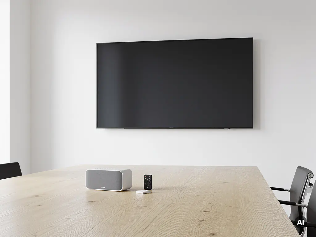 90-inch touchscreen op witte muur in minimalistisch vergaderruimte, met draadloze speaker en audiotransmitter op eiken tafel.