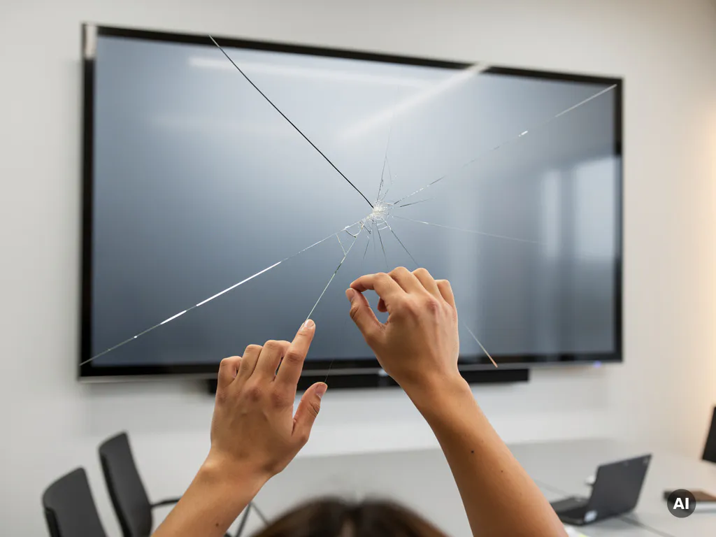 Technicus onderzoekt een scheur in het glasoppervlak van een 90-inch interactief touchscreen in een moderne vergaderruimte.