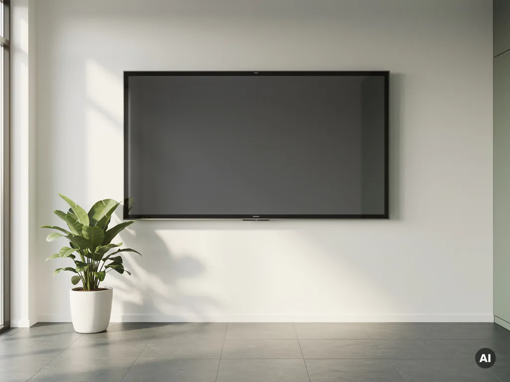 Opgeknapt interactief touchscreen aan witte muur in minimalistische vergaderruimte, met groen potplant ernaast en warm natuurlijk licht.