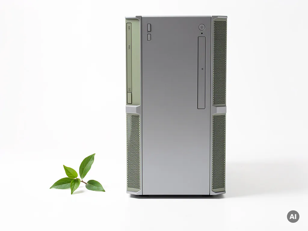 Gerefurbishde desktop pc-tower op wit oppervlak met groen takje, symbool voor duurzame technologie.