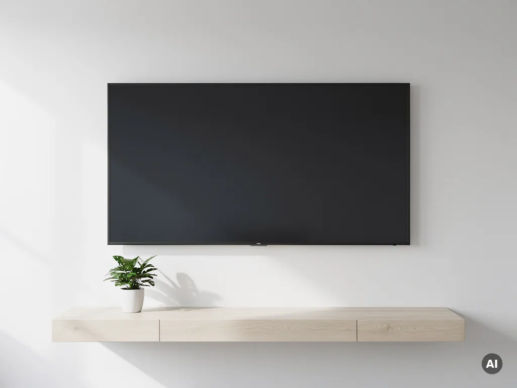 Gerefurbisht 90-inch scherm aan witte muur in minimalistisch vergaderruimte, met kleine groene plant op licht eiken oppervlak.