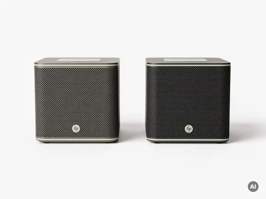 Gerefurbishte en nieuwe speaker naast elkaar op wit oppervlak, minimalistische studioopname met zachte schaduwen.