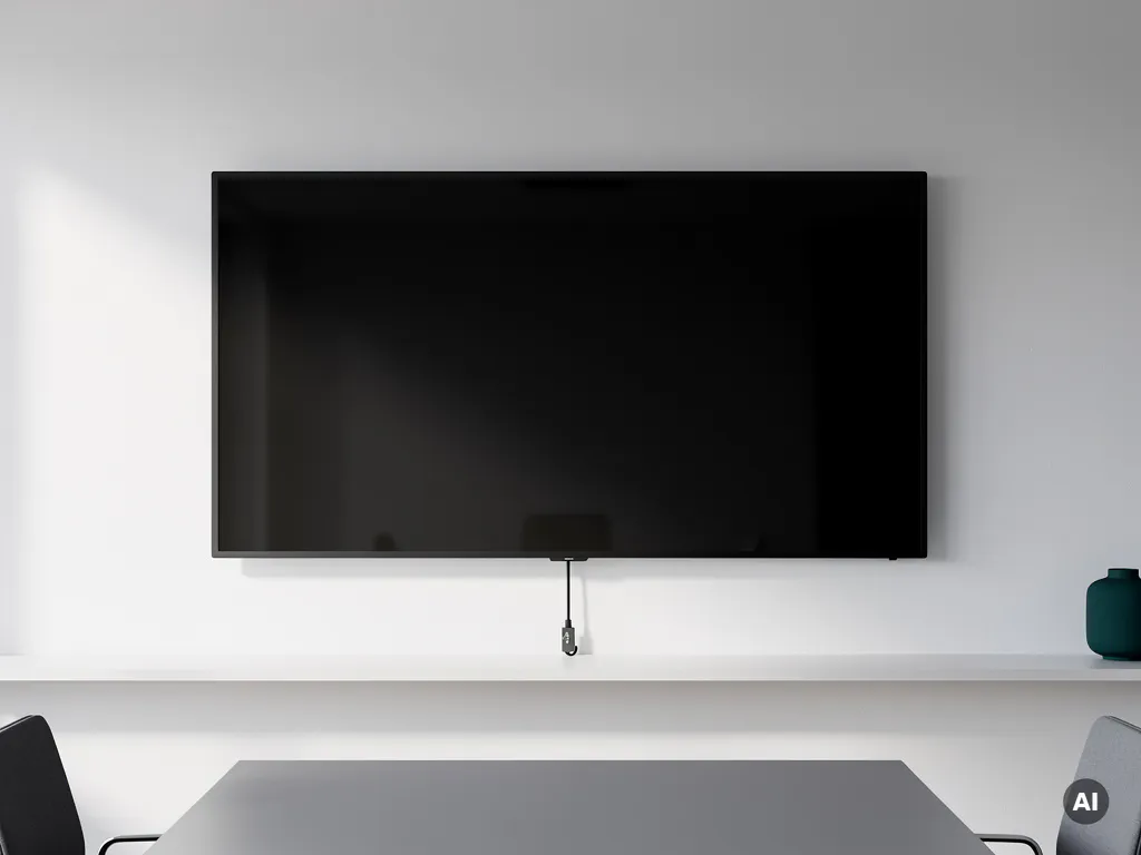 90-inch interactief scherm aan witte muur in moderne vergaderruimte, met HDMI-kabel op minimalistisch oppervlak eronder.