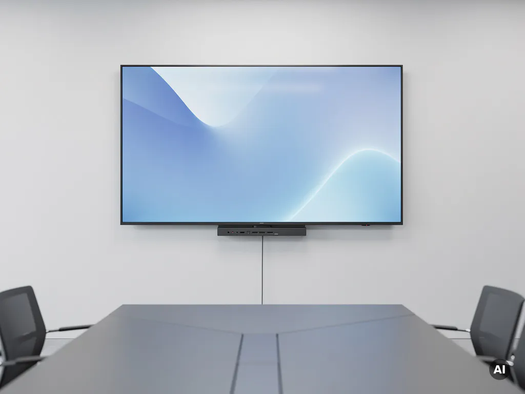 90-inch interactief touchscreen in moderne vergaderruimte, verbonden via laptopkabel, minimalistische witte inrichting met zacht blauw accent.