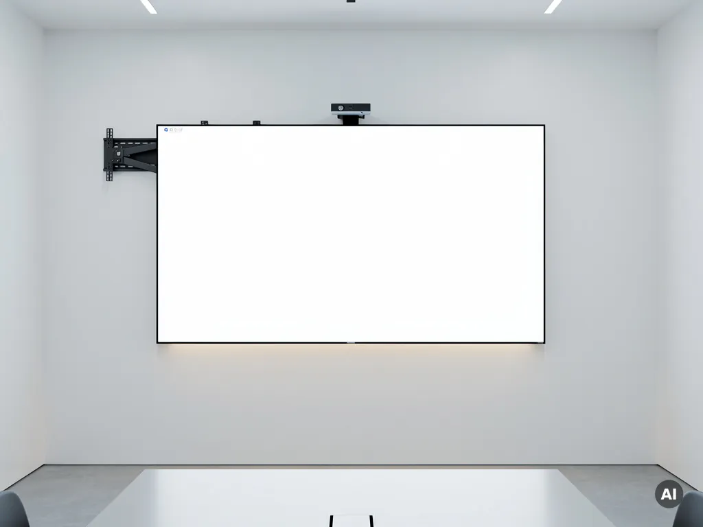 Groot 90-inch interactief touchscreen op witte muur in minimalistische vergaderruimte, met zichtbare montagebeugel in hoek.