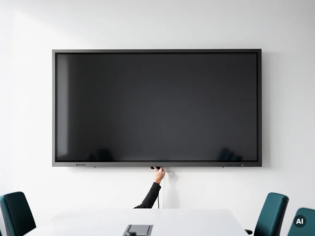 Technicus sluit kabelverbinding aan op groot 90-inch interactief touchscreen in minimalistisch vergaderruimte.