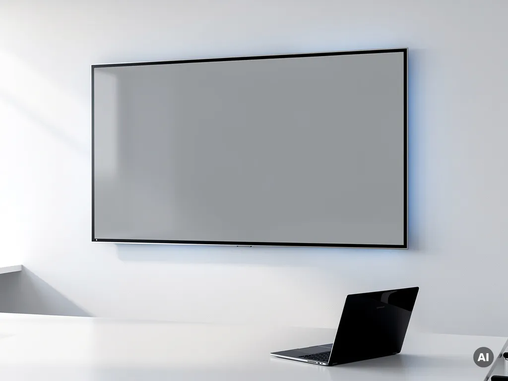 Groot 90-inch interactief touchscreen aan witte muur in minimalistische vergaderruimte, met open laptop op tafel op de voorgrond.