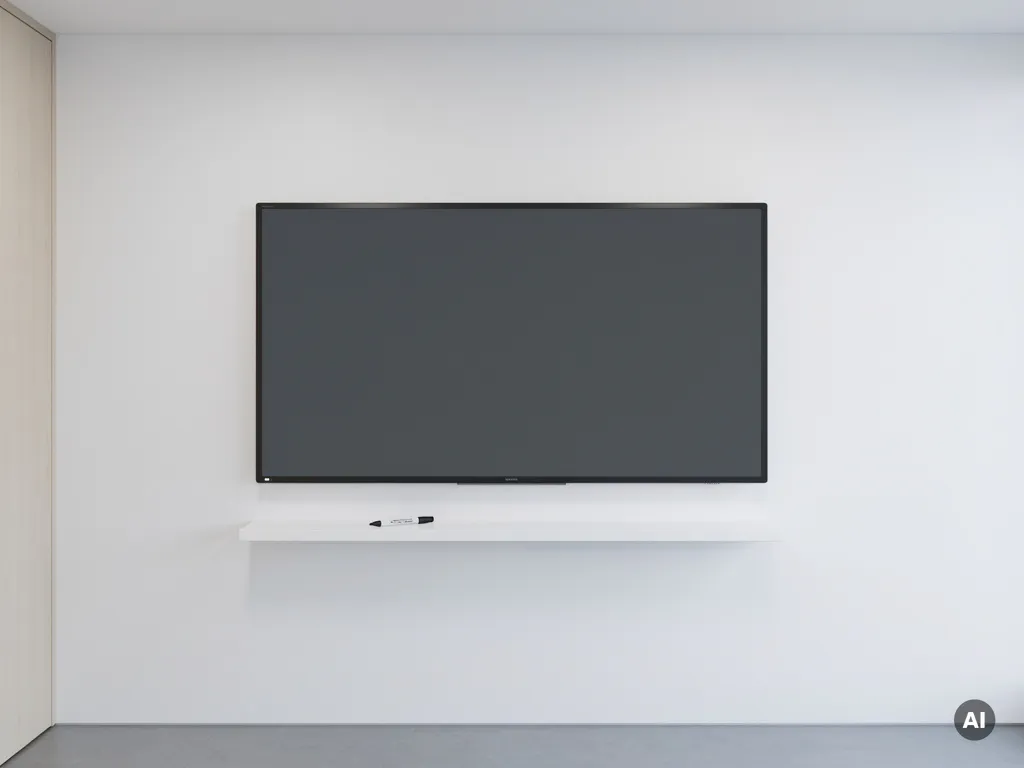 90-inch interactief touchscreen op witte muur in moderne vergaderruimte, met droogwismarker op minimalistische plank eronder.