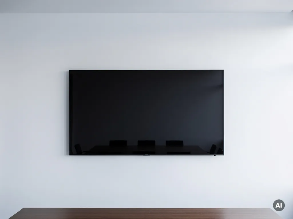 Groot 90-inch interactief touchscreen op witte muur in moderne vergaderruimte, met houten tafelrand en zacht omgevingslicht.