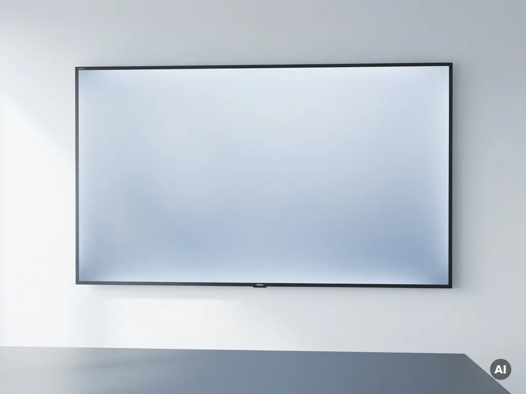 90-inch interactief touchscreen op witte muur in moderne vergaderruimte, zacht blauw schijnsel, minimalistische sfeer.