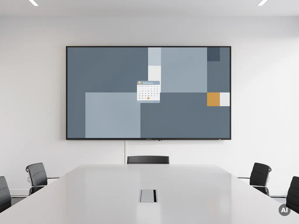 Groot 90-inch interactief touchscreen in vergaderruimte met kalendermelding, minimalistische tafel en gedempte blauw-witte tinten.