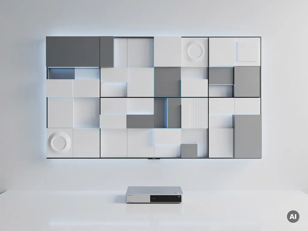 Groot 90-inch display aan witte muur met multi-panel grid, minimale bedieningseenheid op wit oppervlak, koelblauw omgevingslicht.