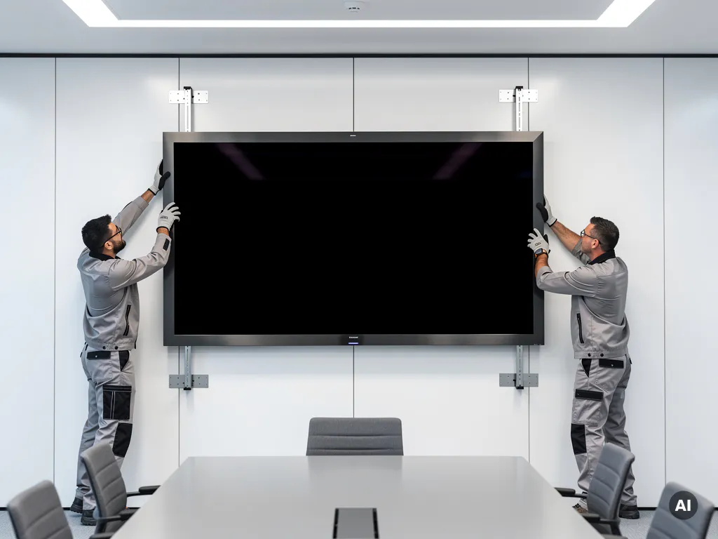 Twee technici monteren een 90-inch display op een witte muur met professionele wandbeugels in een moderne vergaderruimte.