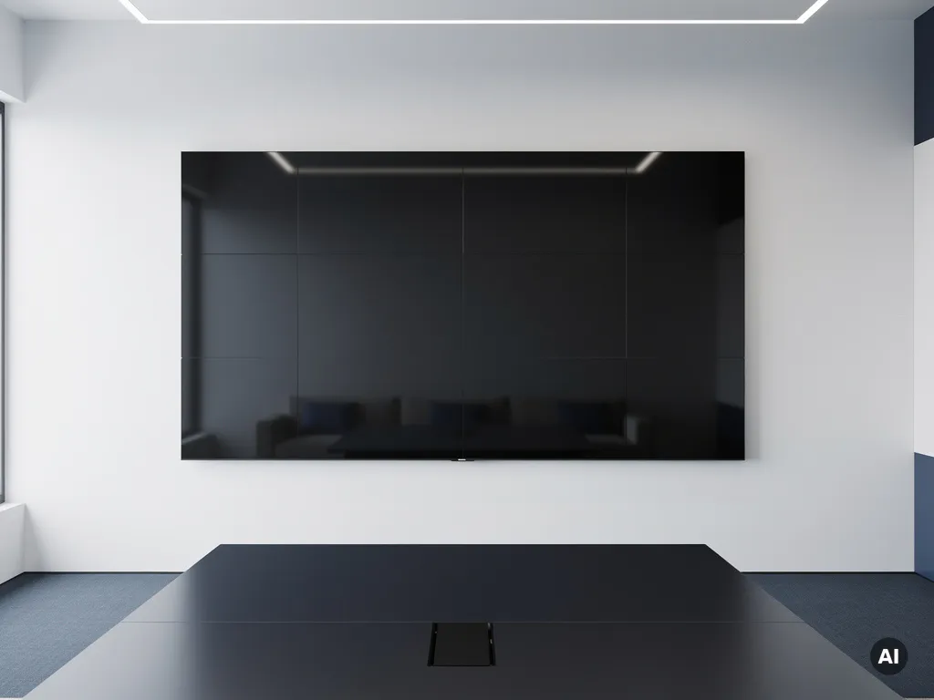 90-inch modulair display aan witte muur in minimalistische vergaderruimte met zacht diffuus licht en strakke geometrische lijnen.